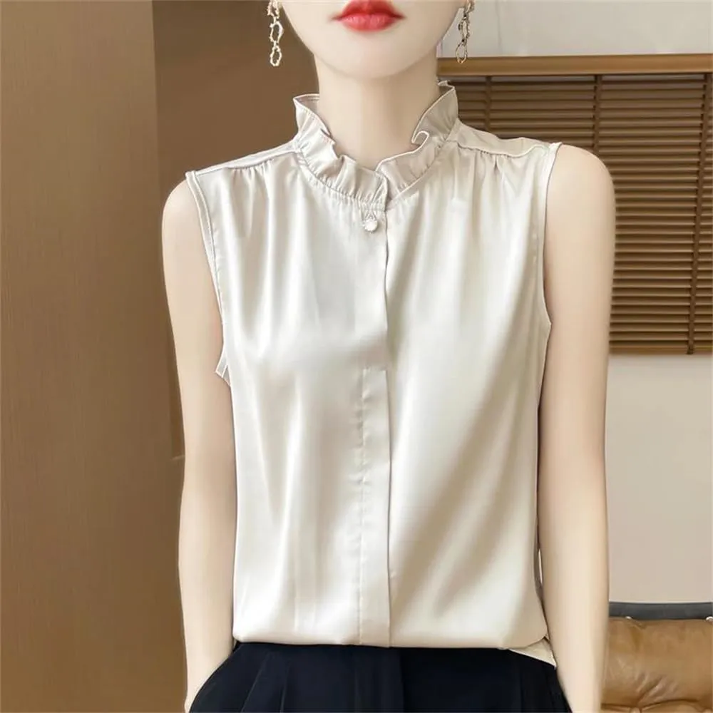 Women's Summer Solid Silk Shirt Vest Top Casual Button Collar Sleeveless Camisole