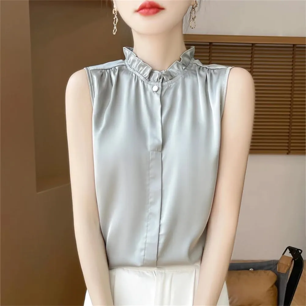 Women's Summer Solid Silk Shirt Vest Top Casual Button Collar Sleeveless Camisole