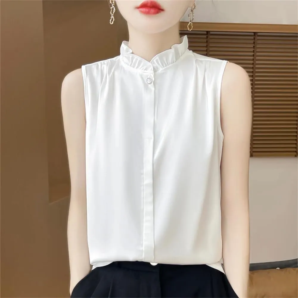 Women's Summer Solid Silk Shirt Vest Top Casual Button Collar Sleeveless Camisole