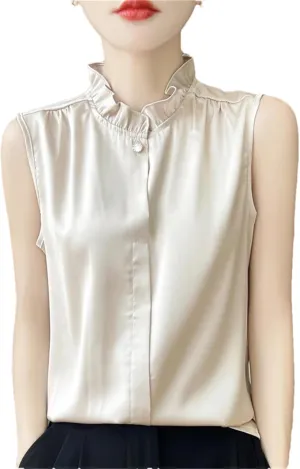 Women's Summer Solid Silk Shirt Vest Top Casual Button Collar Sleeveless Camisole