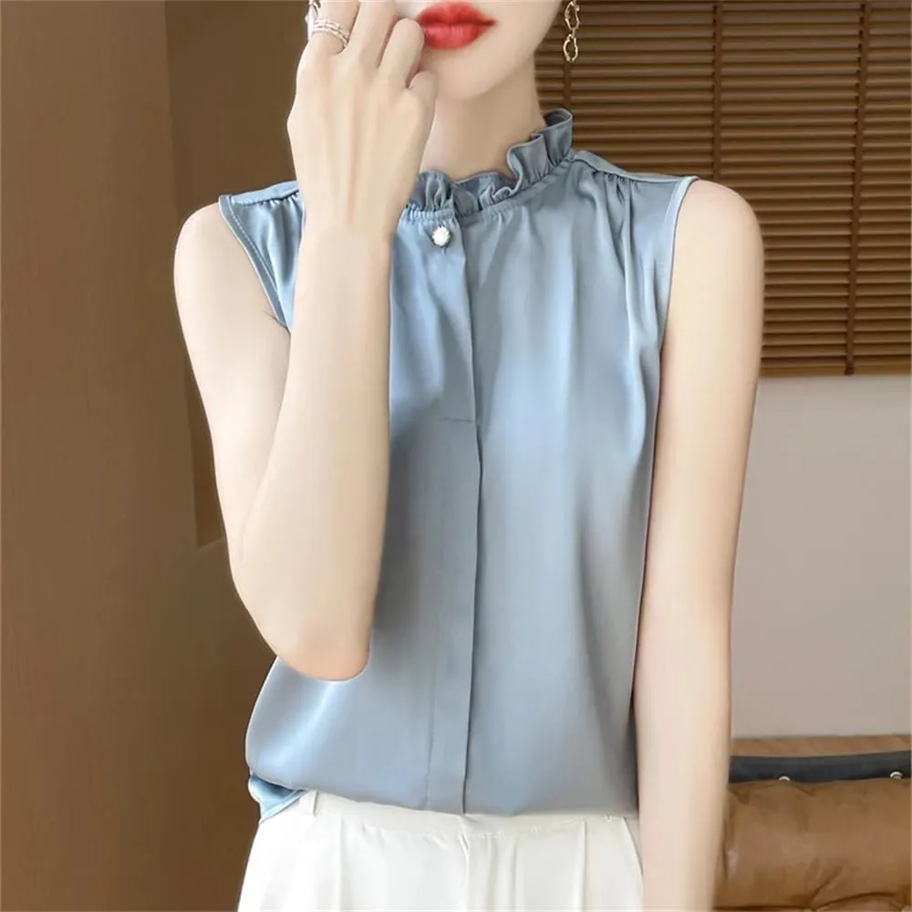 Women's Summer Solid Silk Shirt Vest Top Casual Button Collar Sleeveless Camisole