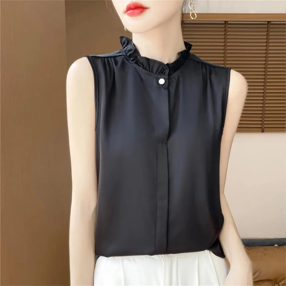 Women's Summer Solid Silk Shirt Vest Top Casual Button Collar Sleeveless Camisole
