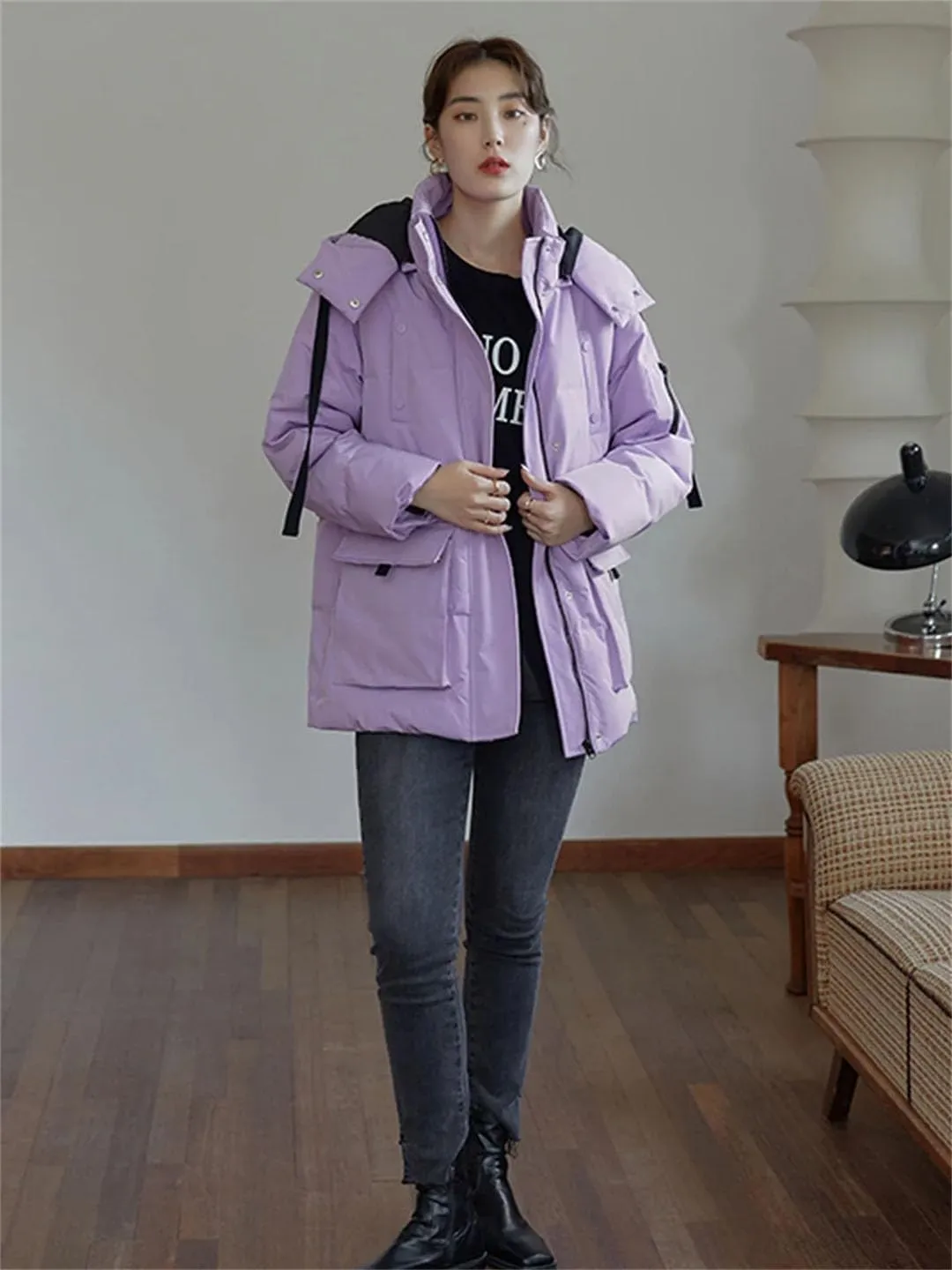 Women's Tooling Down Jacket Padded Coats Purple Coat Hat Detachable