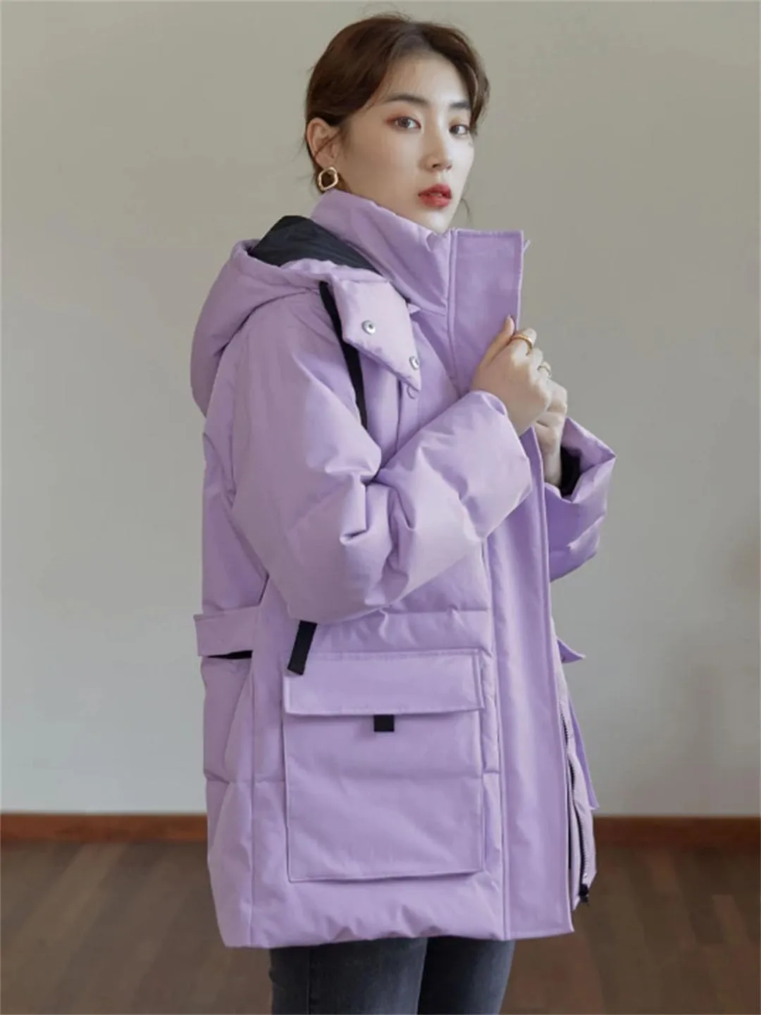 Women's Tooling Down Jacket Padded Coats Purple Coat Hat Detachable
