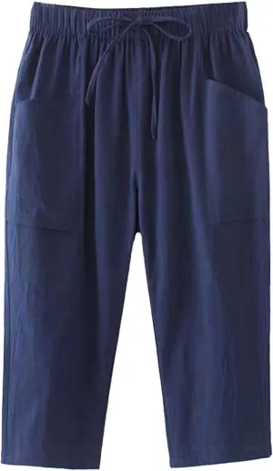 Womens Trousers Waist Loose Pocket Elastic Pants Three Quarter Pants Womens High Waist Casual Floral Print