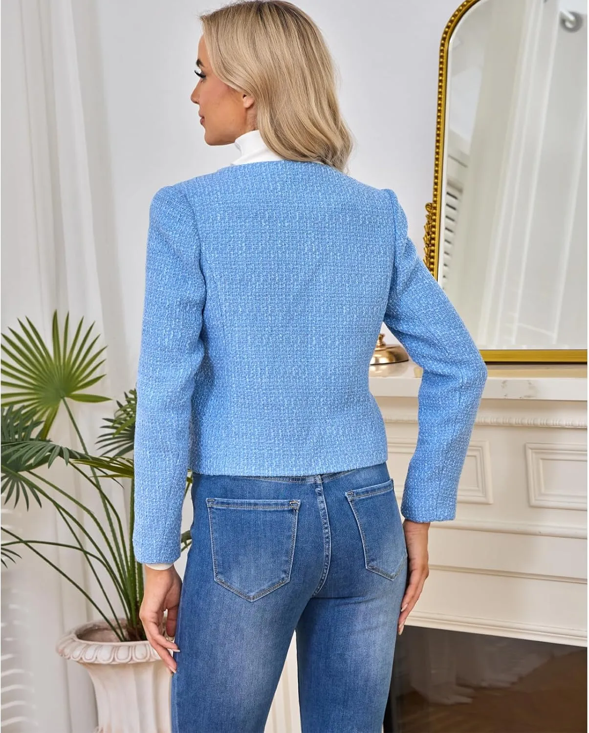 Women's Tweed Blazers Jackets Casual Long Sleeve Button Down Business Short Casual Cropped Coats