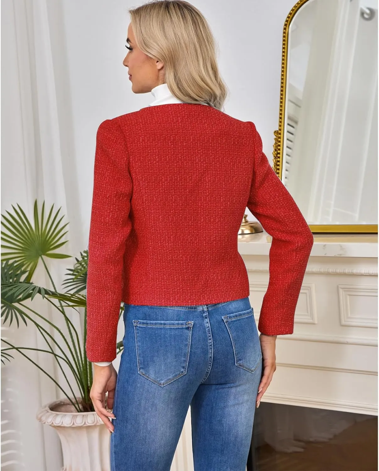 Women's Tweed Blazers Jackets Casual Long Sleeve Button Down Business Short Casual Cropped Coats