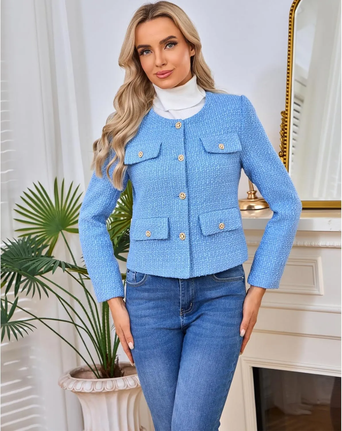 Women's Tweed Blazers Jackets Casual Long Sleeve Button Down Business Short Casual Cropped Coats
