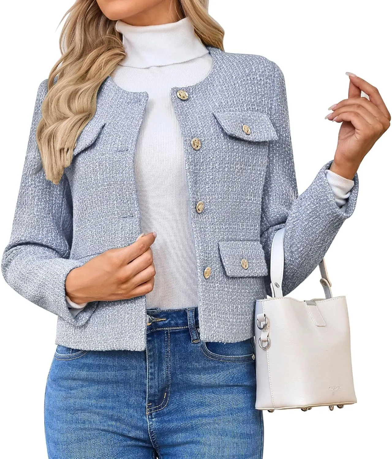 Women's Tweed Blazers Jackets Casual Long Sleeve Button Down Business Short Casual Cropped Coats