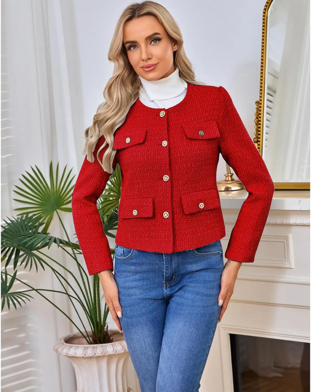 Women's Tweed Blazers Jackets Casual Long Sleeve Button Down Business Short Casual Cropped Coats