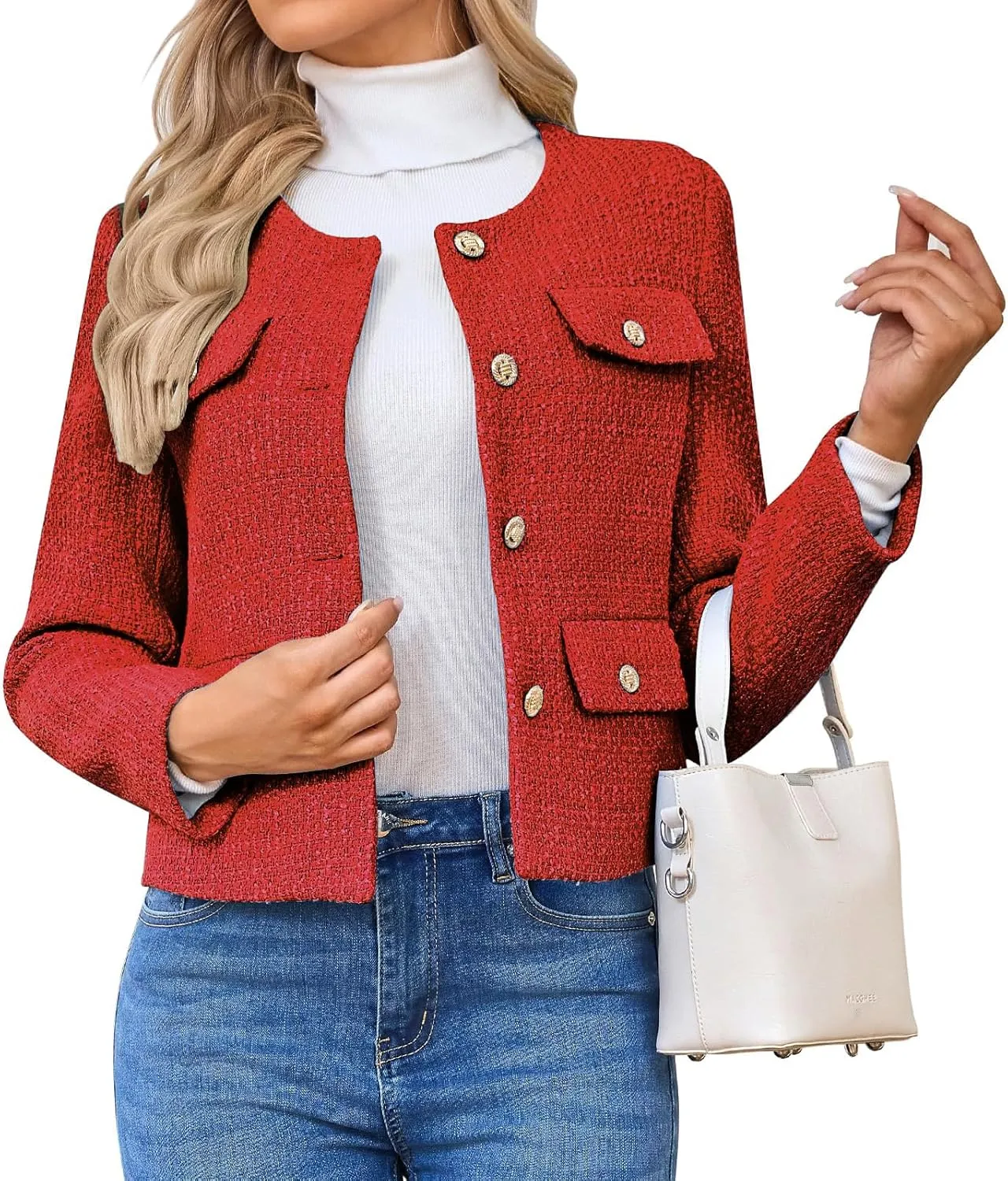 Women's Tweed Blazers Jackets Casual Long Sleeve Button Down Business Short Casual Cropped Coats