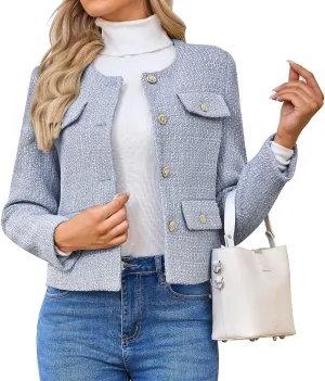 Women's Tweed Blazers Jackets Casual Long Sleeve Button Down Business Short Casual Cropped Coats