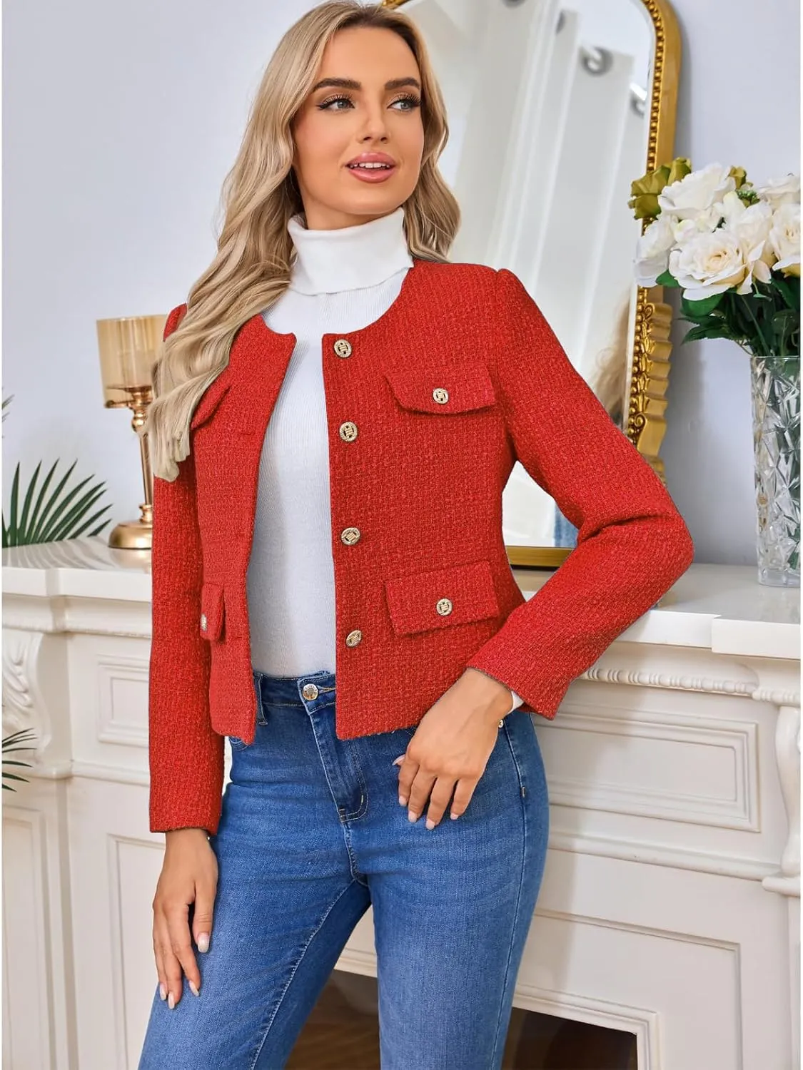 Women's Tweed Blazers Jackets Casual Long Sleeve Button Down Business Short Casual Cropped Coats