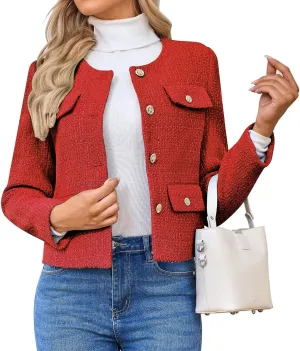 Women's Tweed Blazers Jackets Casual Long Sleeve Button Down Business Short Casual Cropped Coats
