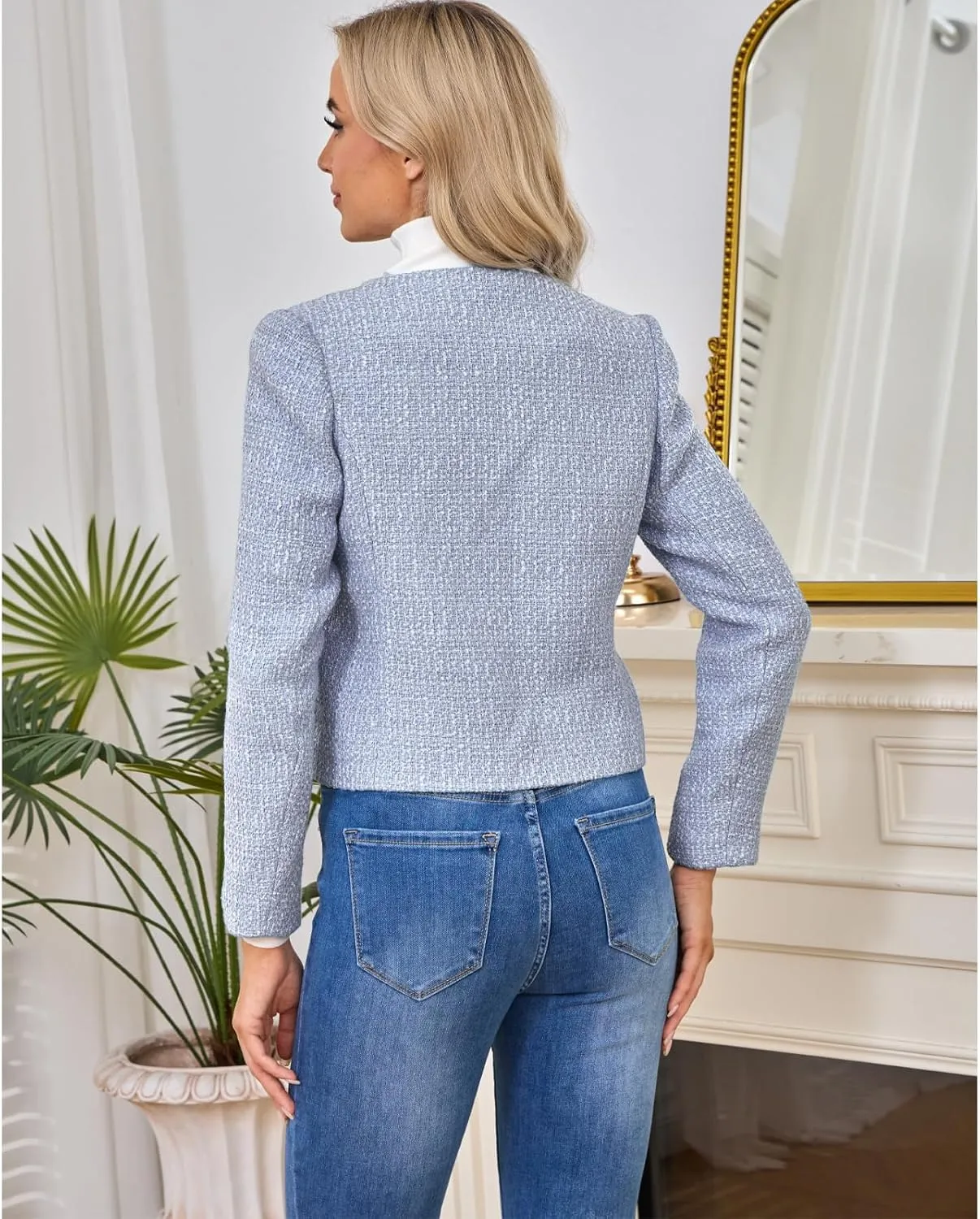 Women's Tweed Blazers Jackets Casual Long Sleeve Button Down Business Short Casual Cropped Coats