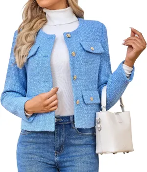 Women's Tweed Blazers Jackets Casual Long Sleeve Button Down Business Short Casual Cropped Coats