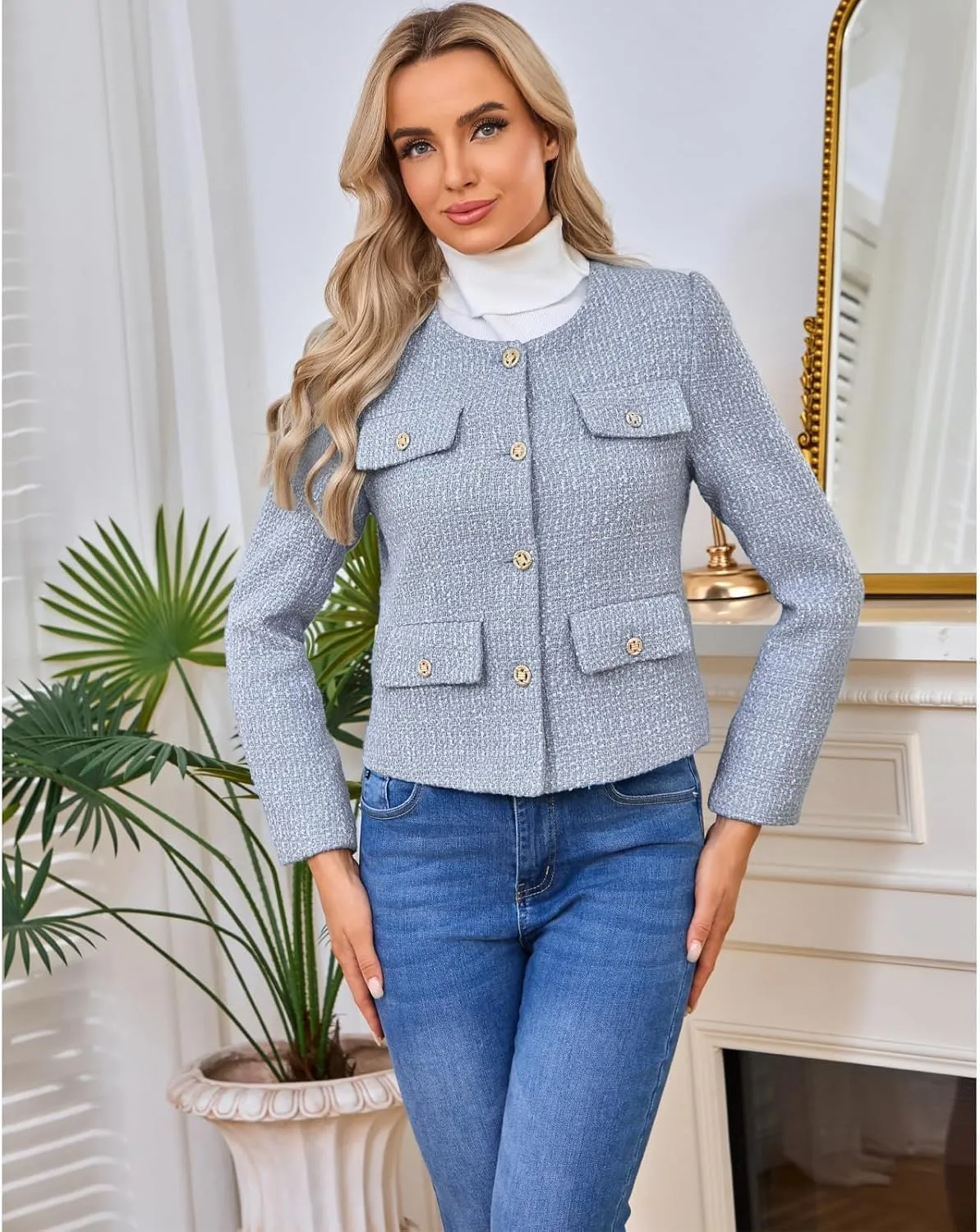 Women's Tweed Blazers Jackets Casual Long Sleeve Button Down Business Short Casual Cropped Coats
