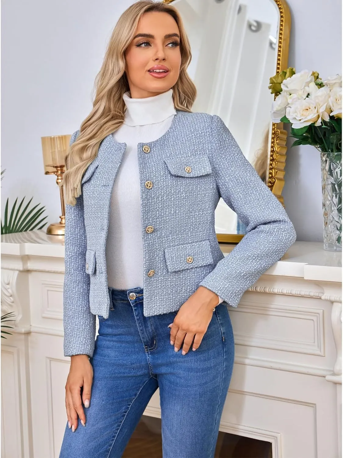 Women's Tweed Blazers Jackets Casual Long Sleeve Button Down Business Short Casual Cropped Coats