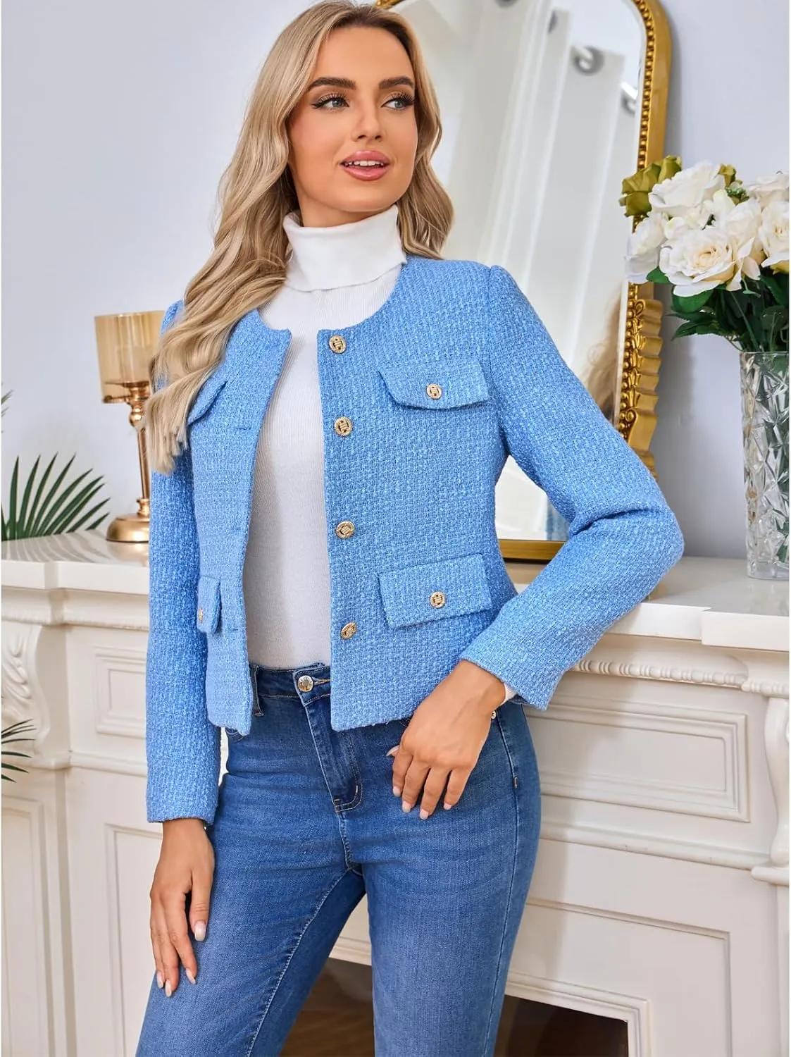 Women's Tweed Blazers Jackets Casual Long Sleeve Button Down Business Short Casual Cropped Coats
