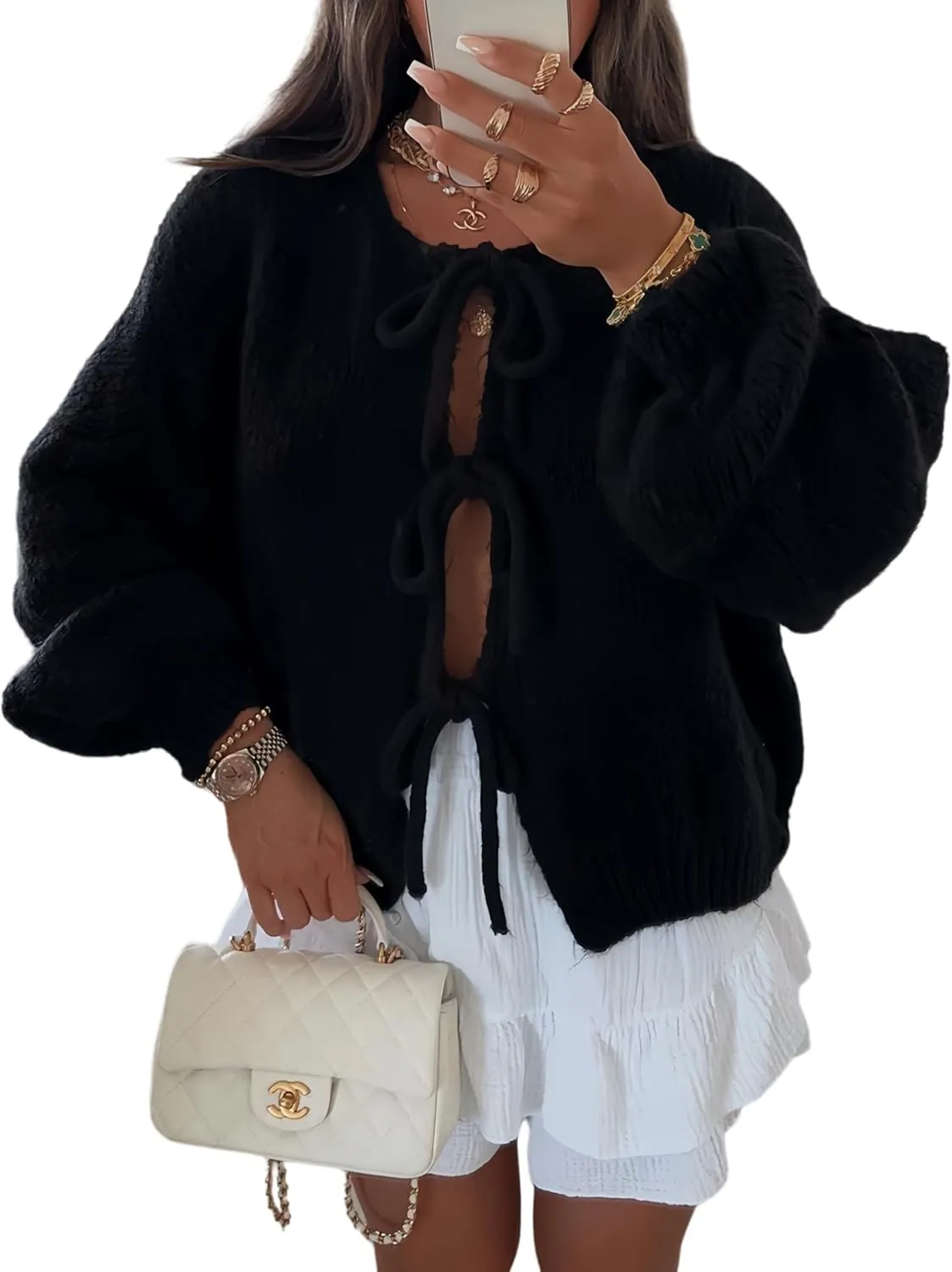 Womens V Neck Cardigan Sweater Bows Tie Open Front Chunky Knitwear Lightweight Coats