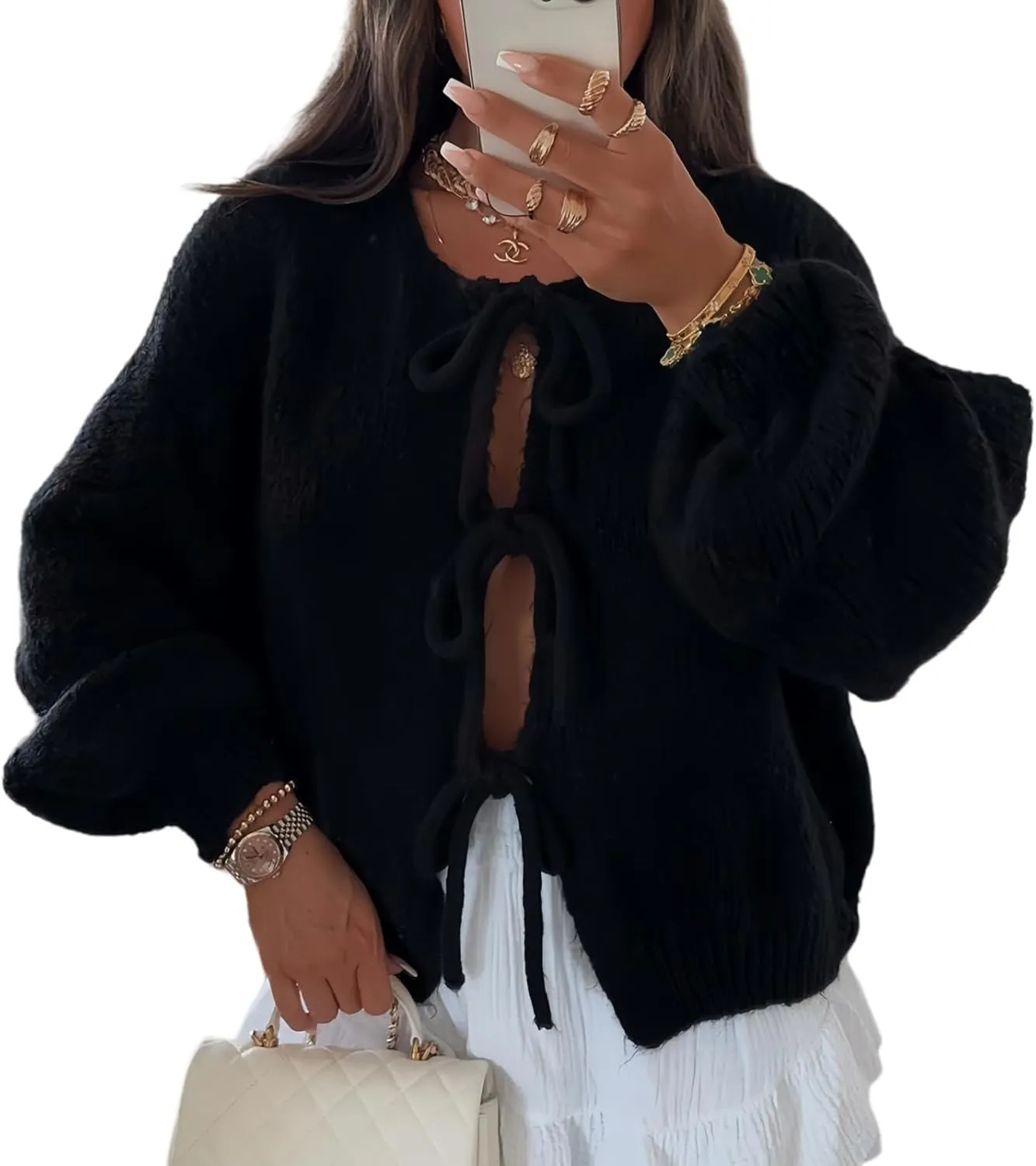 Womens V Neck Cardigan Sweater Bows Tie Open Front Chunky Knitwear Lightweight Coats