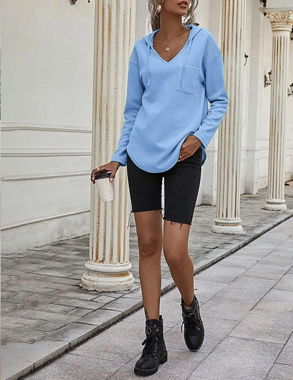 Women's V Neck Hoodies Long Sleeve Sweatshirt Drawstring Pullover Tops with Pocket