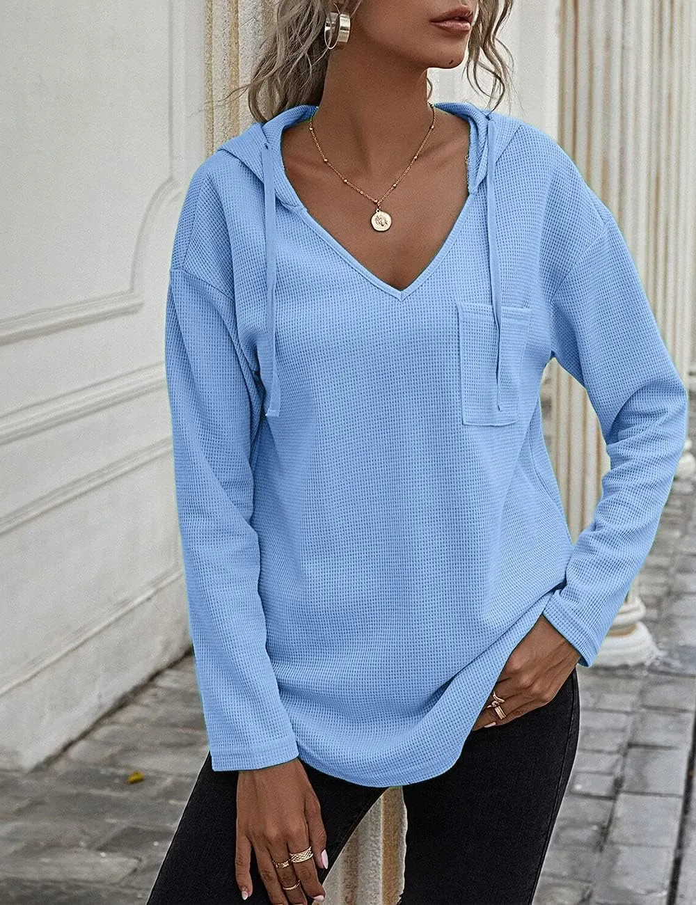 Women's V Neck Hoodies Long Sleeve Sweatshirt Drawstring Pullover Tops with Pocket