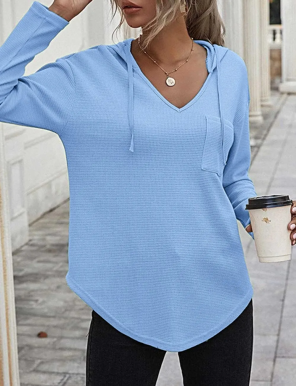 Women's V Neck Hoodies Long Sleeve Sweatshirt Drawstring Pullover Tops with Pocket
