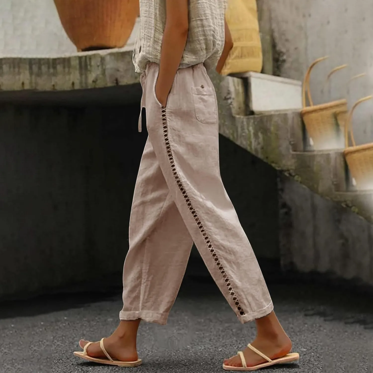 Women's Vintage Linen Capri Pants High Elastic Waist Wide Leg Capri Casual Beach Palazzo Trousers with Pockets
