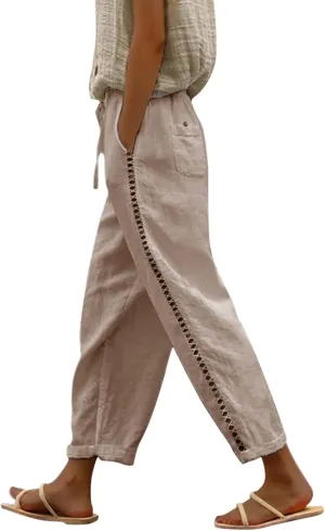 Women's Vintage Linen Capri Pants High Elastic Waist Wide Leg Capri Casual Beach Palazzo Trousers with Pockets