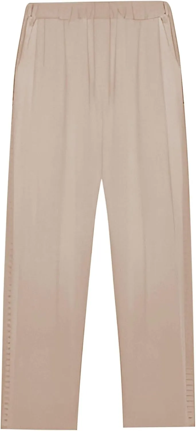 Women's Vintage Linen Capri Pants High Elastic Waist Wide Leg Capri Casual Beach Palazzo Trousers with Pockets