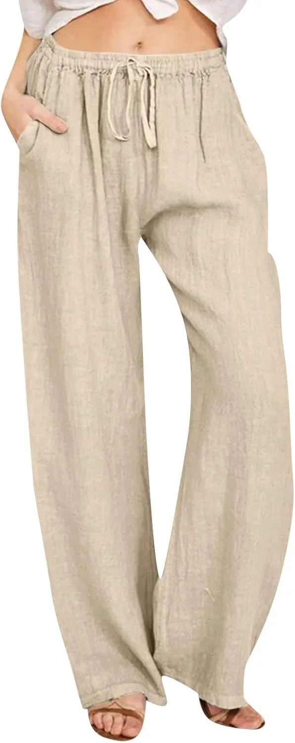 Women's Wide Leg Cotton Linen Pants Summer Flowy Beach Pants Drawstring High Waisted Palazzo Pants Plus Size Yoga Trousers