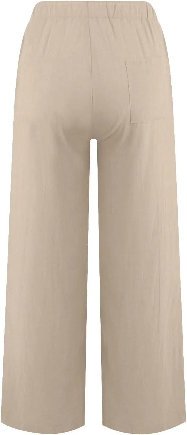 Women's Wide Leg Cotton Linen Pants Summer Flowy Beach Pants Drawstring High Waisted Palazzo Pants Plus Size Yoga Trousers