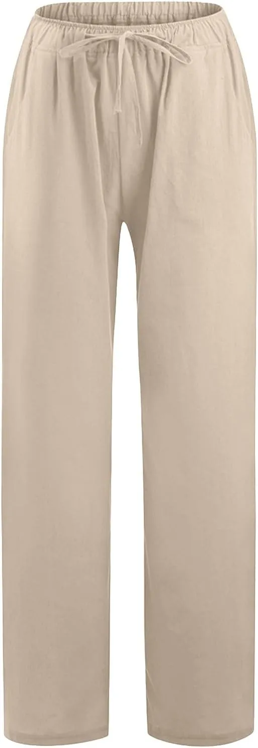 Women's Wide Leg Cotton Linen Pants Summer Flowy Beach Pants Drawstring High Waisted Palazzo Pants Plus Size Yoga Trousers
