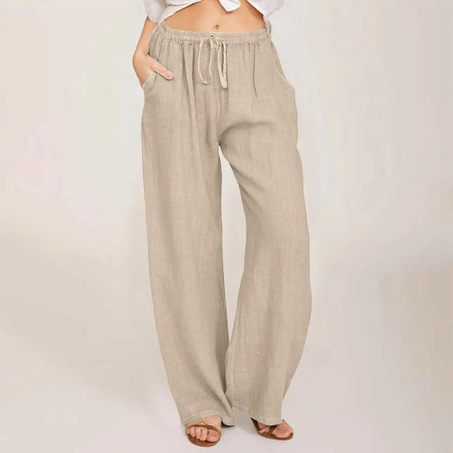 Women's Wide Leg Cotton Linen Pants Summer Flowy Beach Pants Drawstring High Waisted Palazzo Pants Plus Size Yoga Trousers