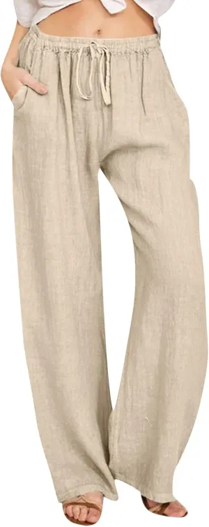 Women's Wide Leg Cotton Linen Pants Summer Flowy Beach Pants Drawstring High Waisted Palazzo Pants Plus Size Yoga Trousers