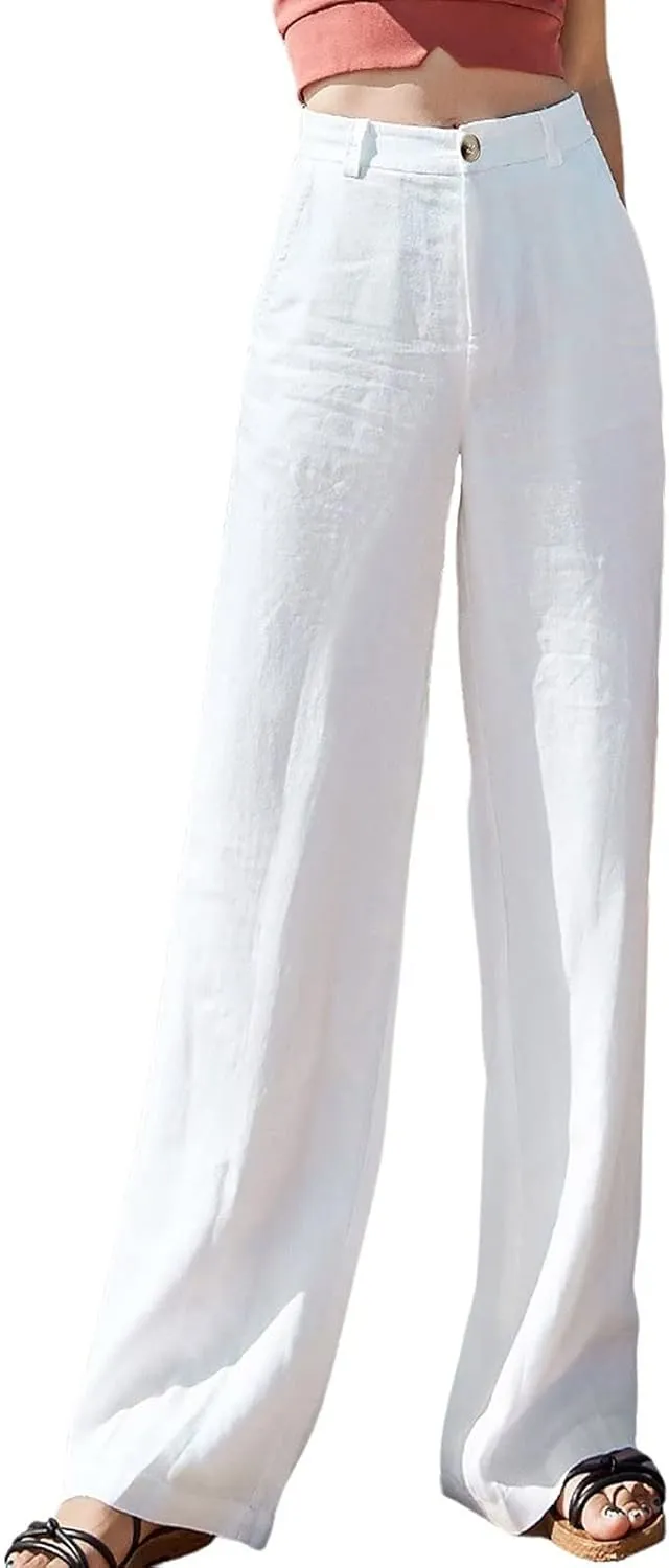 Womens Wide Leg Linen Pants Wide Leg Pants Button Up Straight Leg Trousers Linen Blend Pants