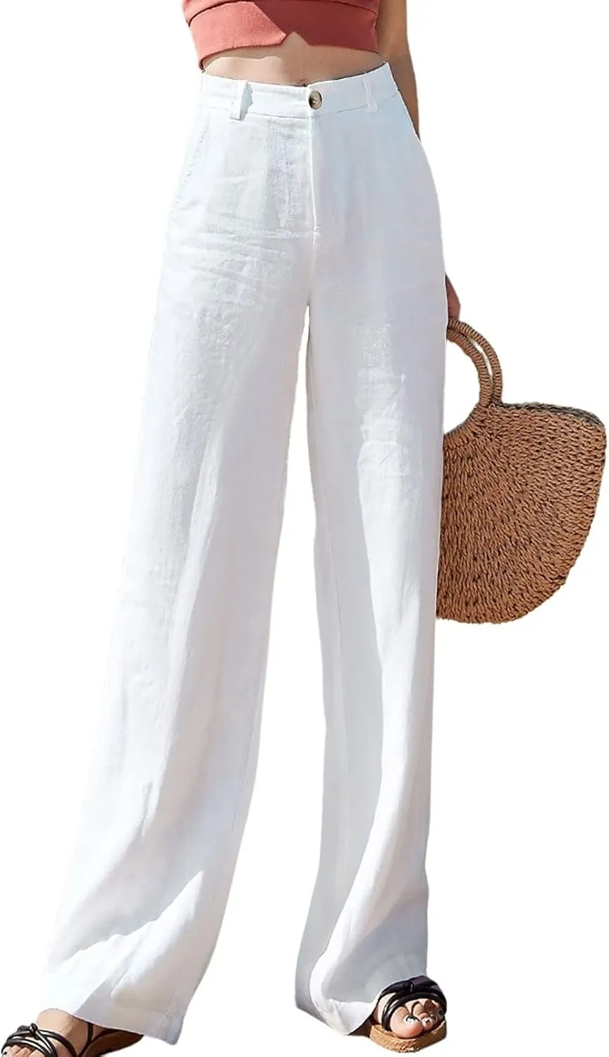 Womens Wide Leg Linen Pants Wide Leg Pants Button Up Straight Leg Trousers Linen Blend Pants