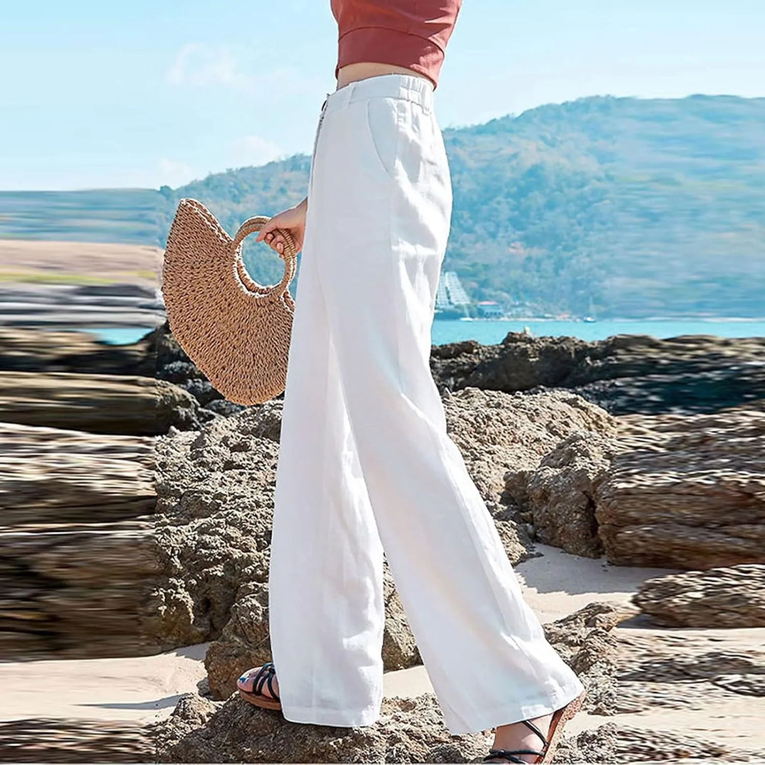 Womens Wide Leg Linen Pants Wide Leg Pants Button Up Straight Leg Trousers Linen Blend Pants