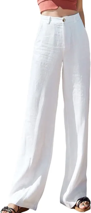 Womens Wide Leg Linen Pants Wide Leg Pants Button Up Straight Leg Trousers Linen Blend Pants
