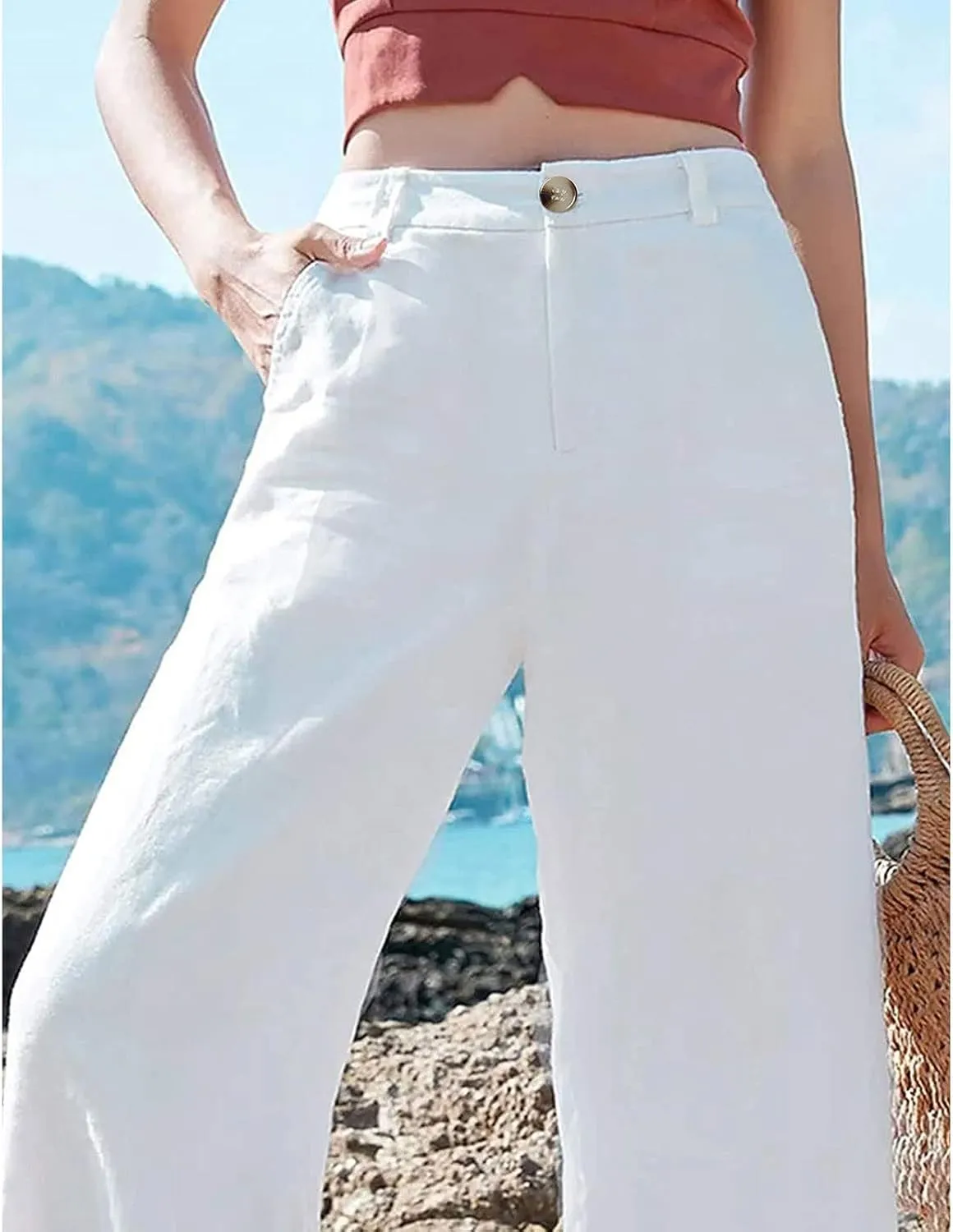 Womens Wide Leg Linen Pants Wide Leg Pants Button Up Straight Leg Trousers Linen Blend Pants