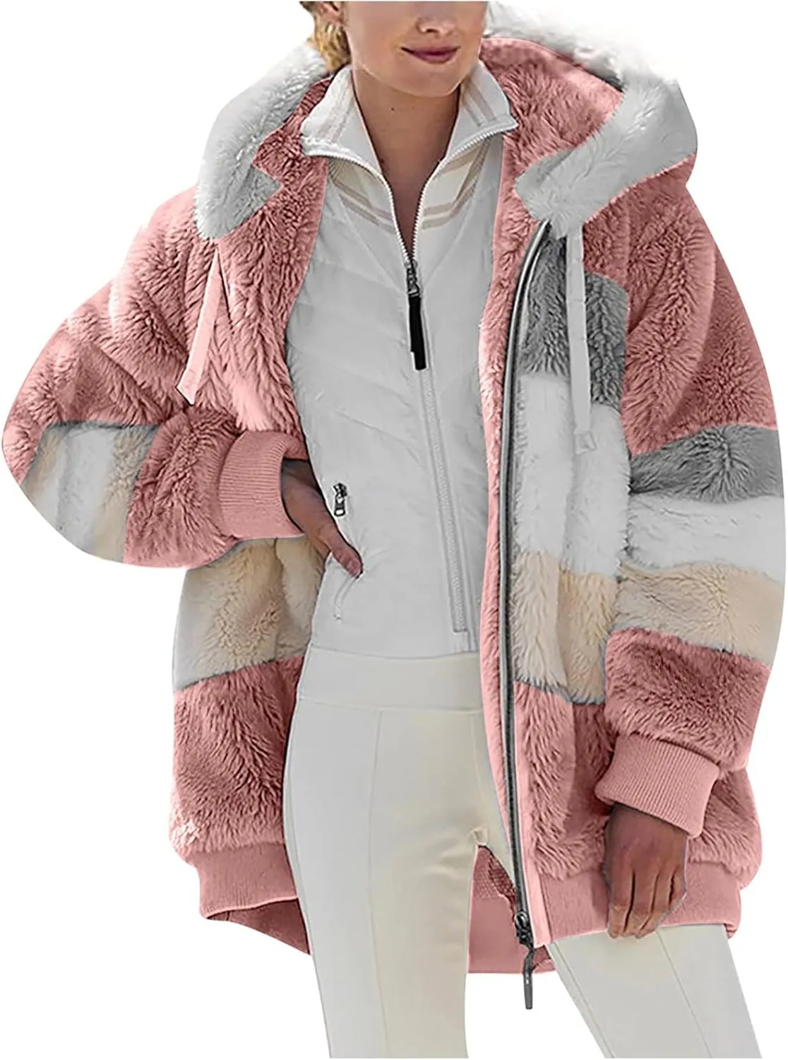 Women's Winter Coats Casual Fleece Jacket Sherpa Fuzzy Faux Shearling Coat Warm Hooded Zip Up Fuzzy Overcoat Outwear