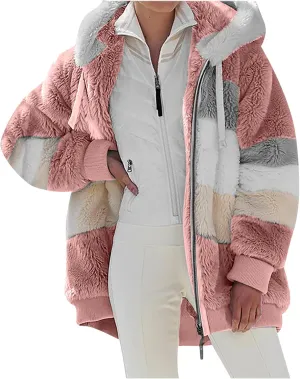 Women's Winter Coats Casual Fleece Jacket Sherpa Fuzzy Faux Shearling Coat Warm Hooded Zip Up Fuzzy Overcoat Outwear