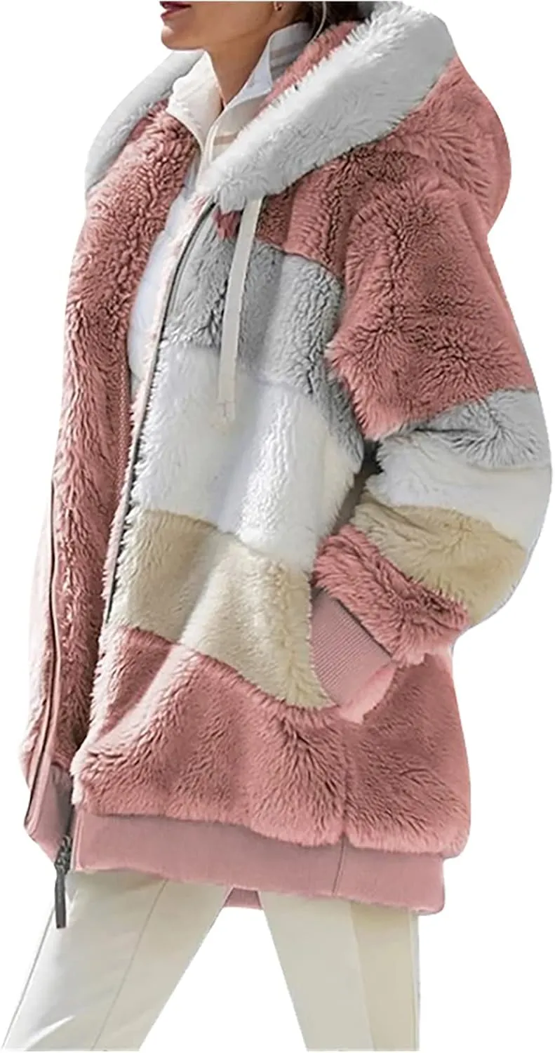 Women's Winter Coats Casual Fleece Jacket Sherpa Fuzzy Faux Shearling Coat Warm Hooded Zip Up Fuzzy Overcoat Outwear