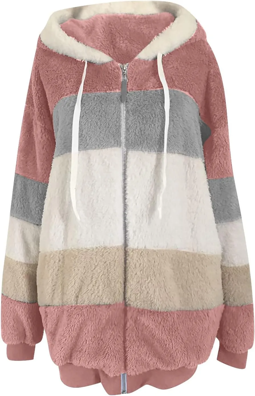 Women's Winter Coats Casual Fleece Jacket Sherpa Fuzzy Faux Shearling Coat Warm Hooded Zip Up Fuzzy Overcoat Outwear