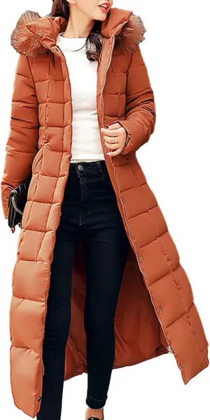 Women's Winter Long Puffer Coat Long Sleeve Maxi Down Parka Jacket with Fur Hood Slim Fit Warm Thicken Outwear