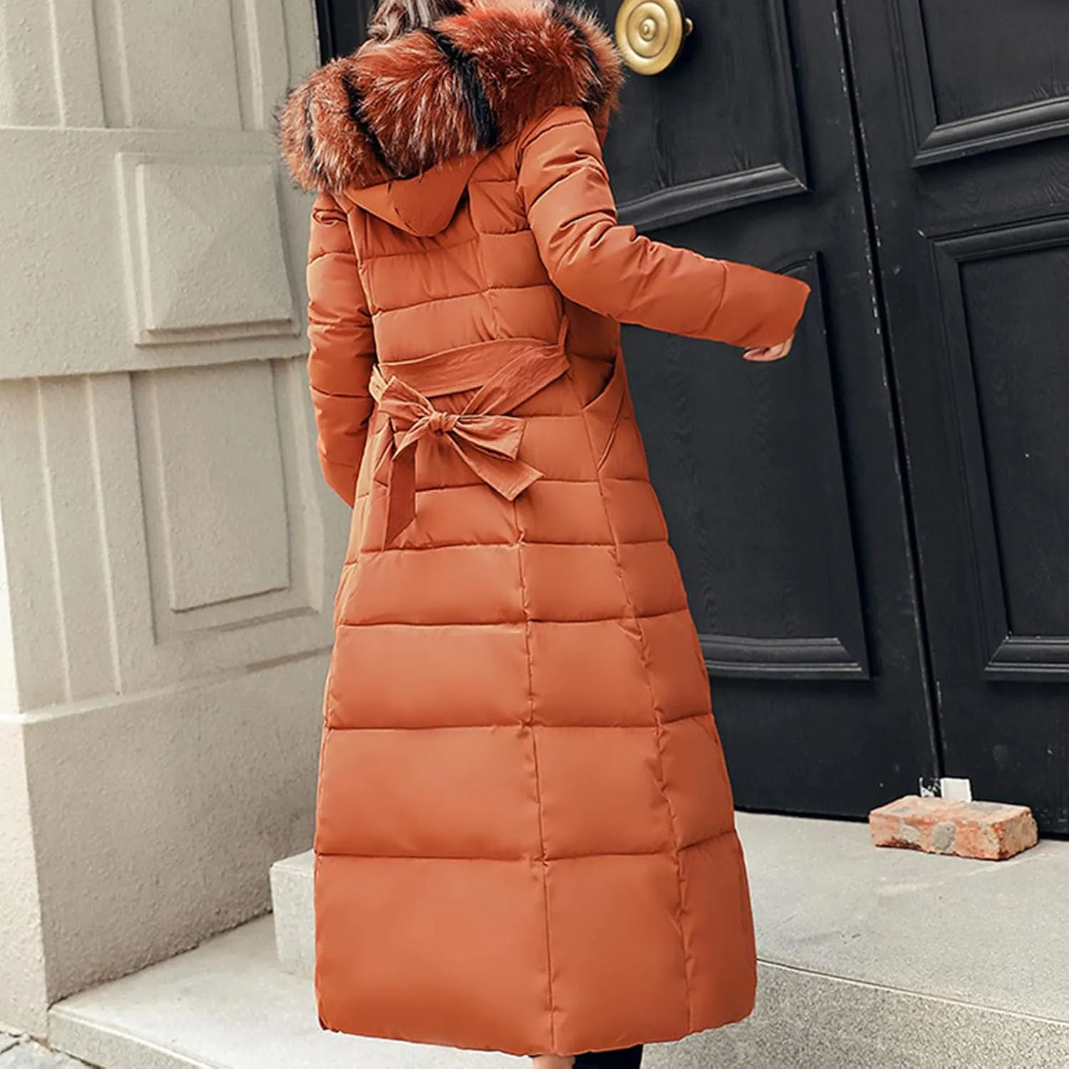 Women's Winter Long Puffer Coat Long Sleeve Maxi Down Parka Jacket with Fur Hood Slim Fit Warm Thicken Outwear