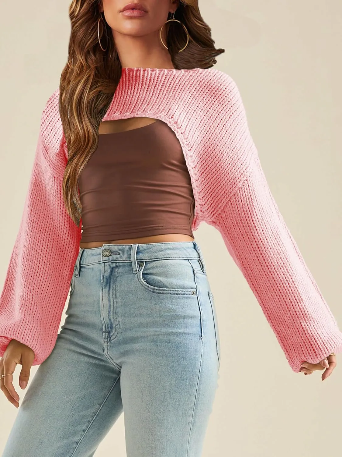 Womens Y2K Crochet Crop Tops Shrug Sweater Young Long Sleeve Shoulder Knit Loose Cropped OutfitsPetite