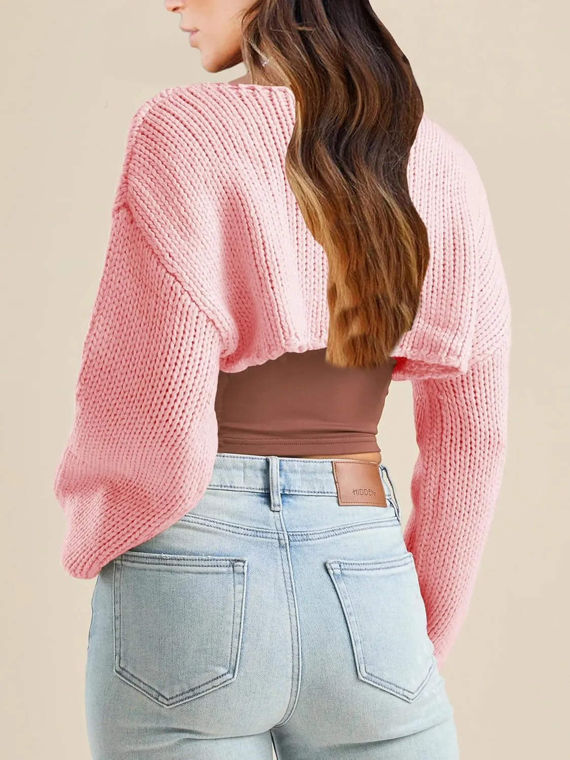 Womens Y2K Crochet Crop Tops Shrug Sweater Young Long Sleeve Shoulder Knit Loose Cropped OutfitsPetite