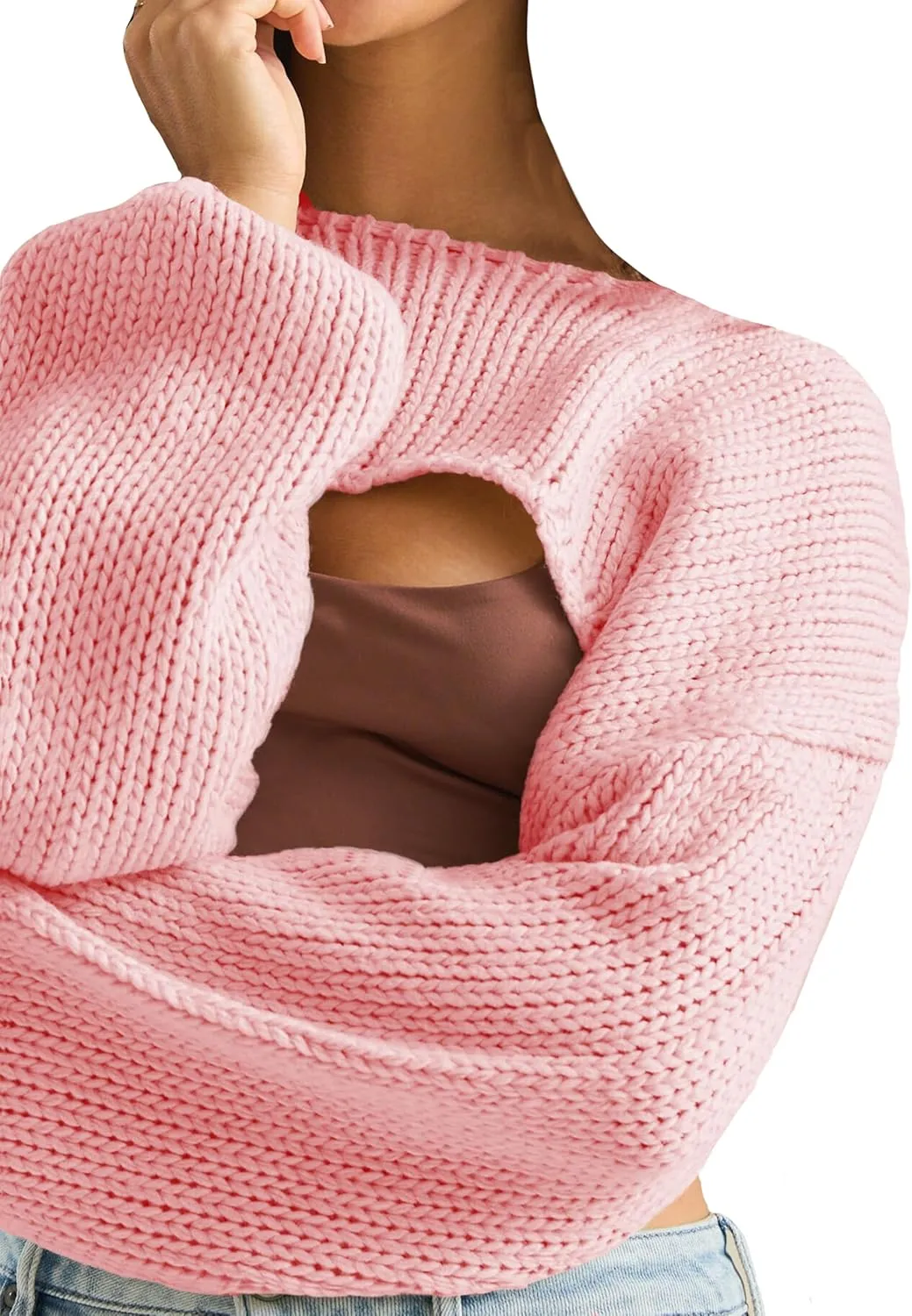 Womens Y2K Crochet Crop Tops Shrug Sweater Young Long Sleeve Shoulder Knit Loose Cropped OutfitsPetite